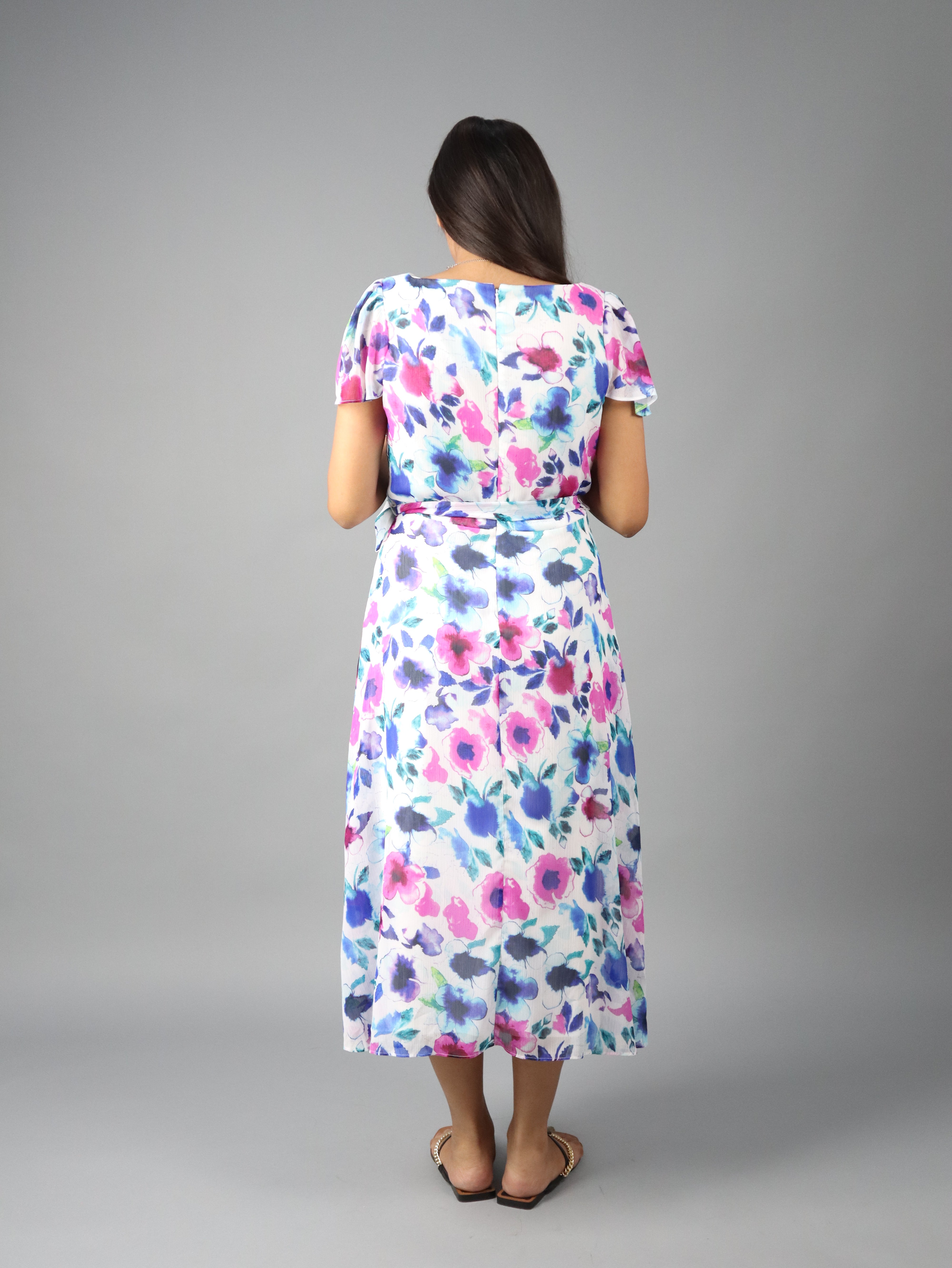 Women’s Floral Print Wrap Midi Dress with Short Sleeves