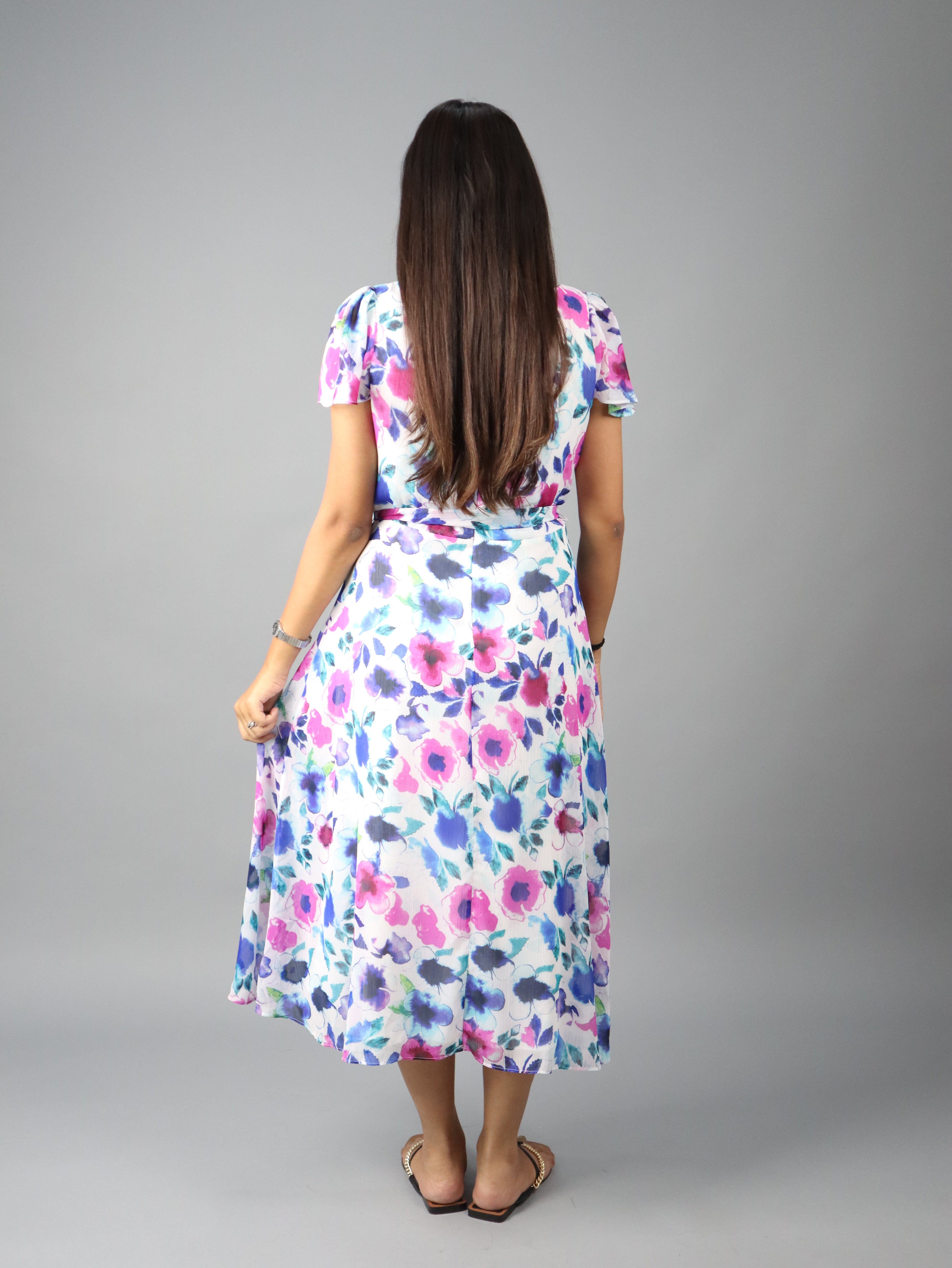 Women’s Floral Print Wrap Midi Dress with Short Sleeves